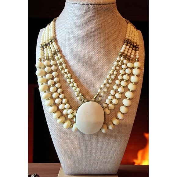 Vintage Faux Ivory Wood Bead Necklace – Multi-Strand Hook Clasp Beauty - Picture 7 of 8